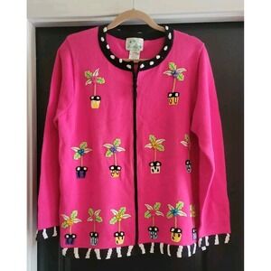 Quacker Factory Zip Cardigan  Sweater Pink Black White  Palm Trees Beaded Sz M
